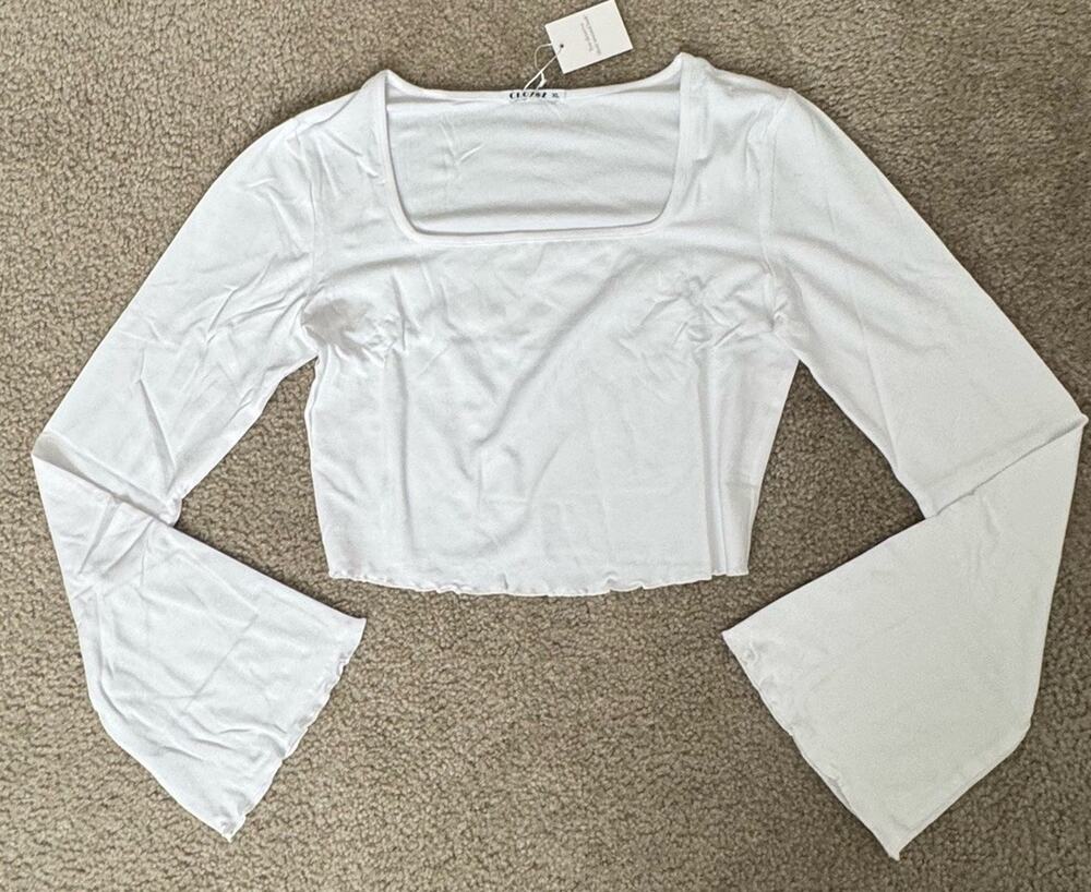 CLOZOZ Women XL White Crop Top Square Neck Bell Sleeve Y2K Stretch NWT